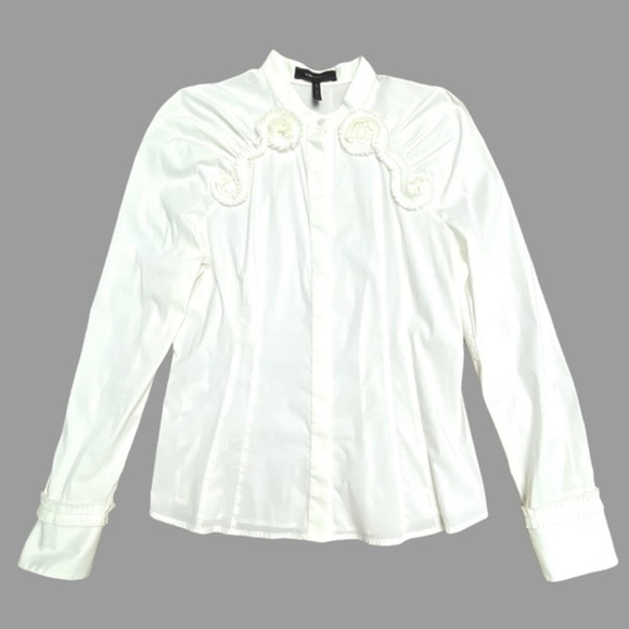 BCBGMAXAZRIA Ivory Rosette Fitted Dress Shirt Size L - Picture 2 of 12